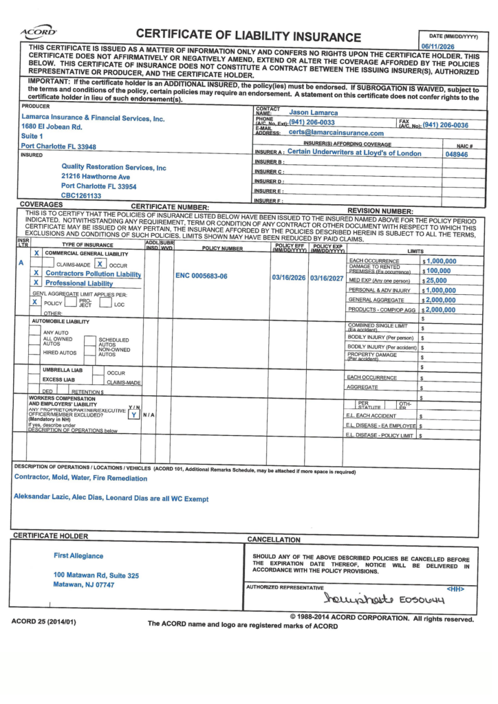 Liability Insurance Certificate